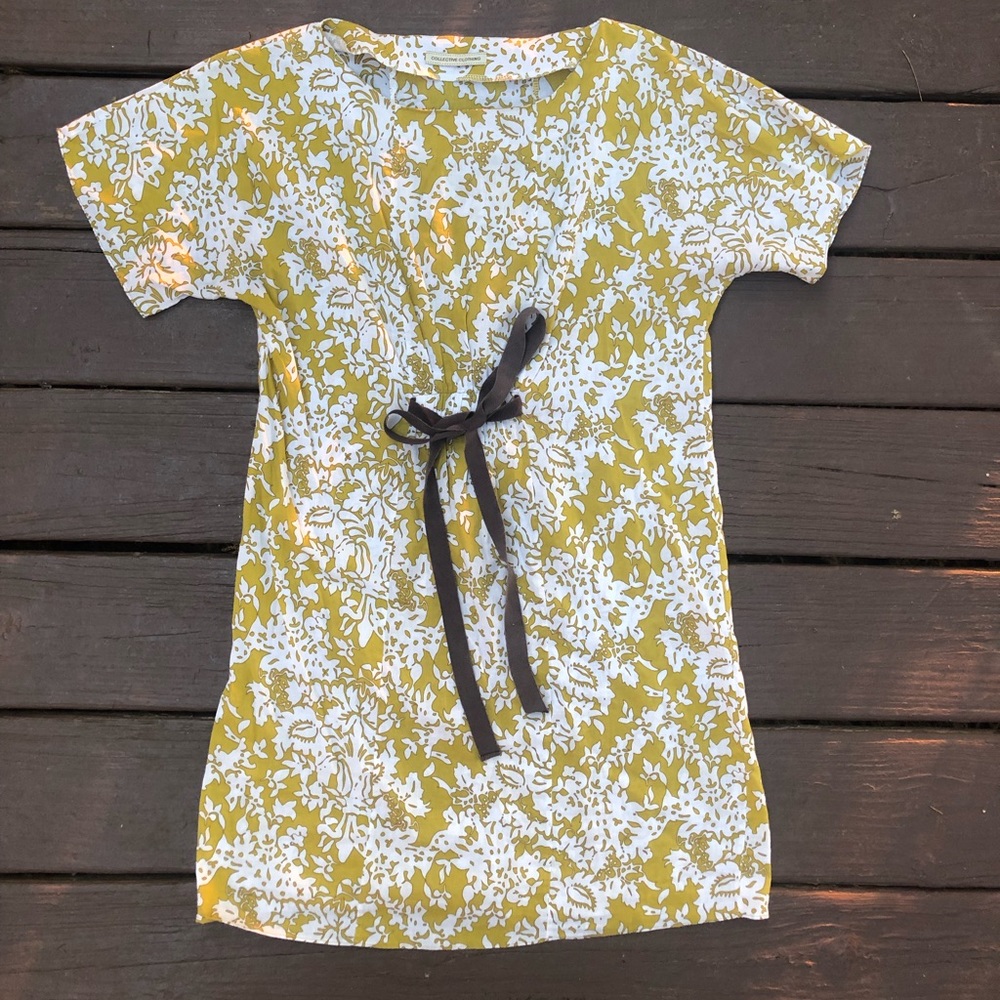 Print dress with brown tie